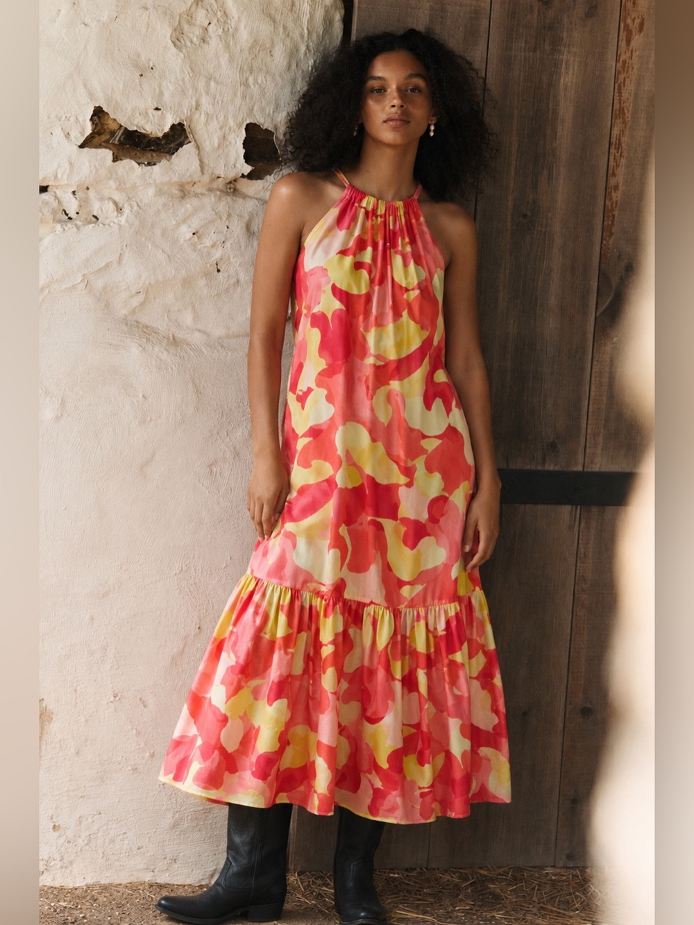 Ming Wang Abstract Print Crepe de Chine Halter Sleeveless Tiered Maxi Dress Sz M
